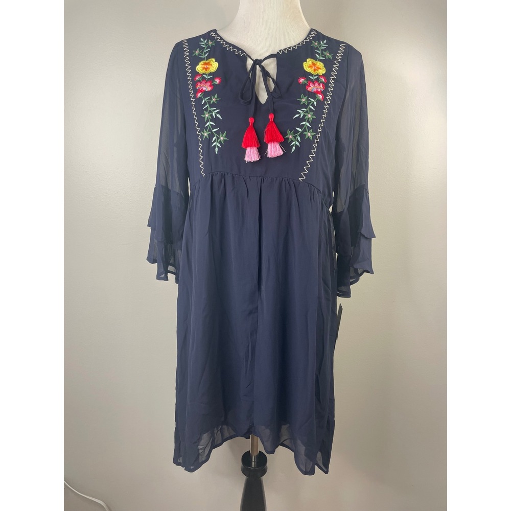 Sequin Hearts NWT Navy Blue Floral Embroidered Tassel Boho Dress XL 9689GG1D